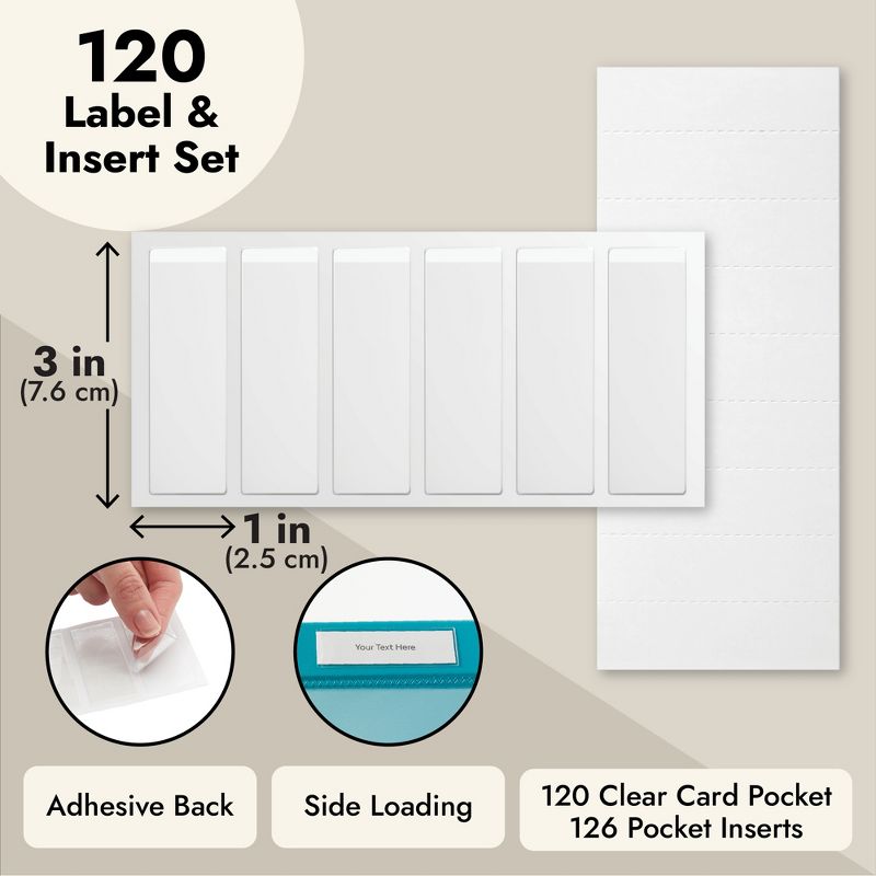 Juvale 120 Pack Clear Binder Spine Label Holder Stickers with 126 White Inserts, Self-Adhesive Pocket Sleeves for Office, Business Supplies, 1x3 In, 4 of 9