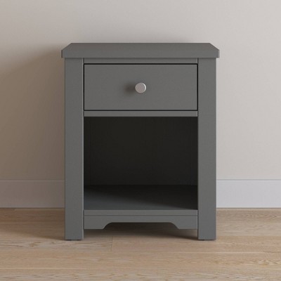 Brushed Pebble Pine Wood Nightstand with Drawer and Shelf