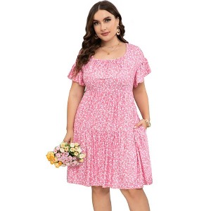LXT- Women's Plus Size Square Neck Ruffle Sleeve Flowy Floral Summer Midi Dress with Pockets - 1 of 4