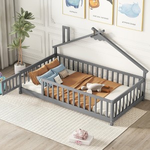 Twin Size Montessori Floor Bed with Safety Guardrails and Door for Toddler - 1 of 4