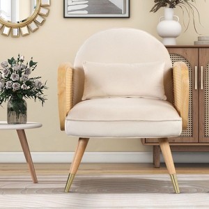 Dining Chairs Foam Upholstered Back Rest Seat Rattan Armrest Accent Rattan Chair With Metal Legs Mid Century Armchair - 1 of 4