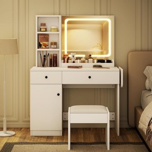 Bedroom Vanity with Lights, Wooden Dresser Set, Modern Dresser with Drawers, Cabinet, Shelf and Stool for Dresser, White - 1 of 4