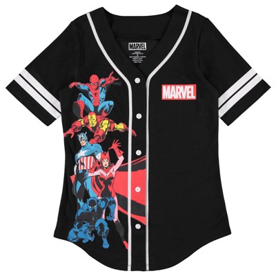 Ladies Marvel Comics Baseball Jersey - Spiderman, Ironman, Captain America & Hulk Mesh Button Down Baseball Jersey