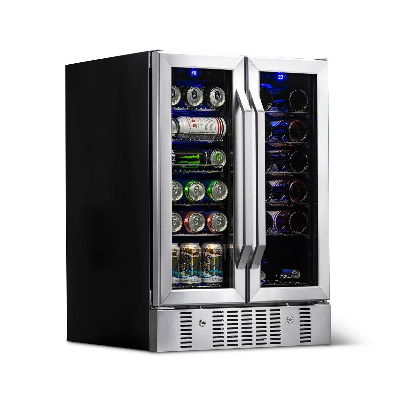 Newair 24" Built-in Dual Zone 18 Bottle and 58 Can Wine and Beverage Fridge in Stainless Steel with French Doors and Chrome Shelves, 1 of 17