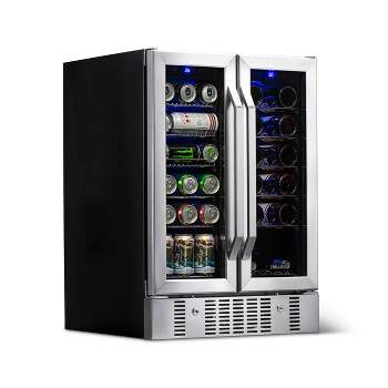 Newair 24" Built-in Dual Zone 18 Bottle and 58 Can Wine and Beverage Fridge in Stainless Steel with French Doors and Chrome Shelves