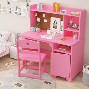 Kids Desk & Chair Set with Hutch - Wooden Study Workstation & Storage for Bedroom & Study Room - 1 of 4