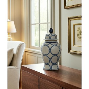 Decorative Ceramic Temple Jar for Living Room Decor - Stylish Home Decor for Bedroom, Office, and Table Centerpiece - Blue & White - 1 of 4