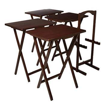 PJ Wood 19.09 x 14.57 x 26.00 Inch Folding TV Tray Tables with Compact Storage Rack, Solid Wood Construction, Walnut Brown Finish, 5 Piece Set