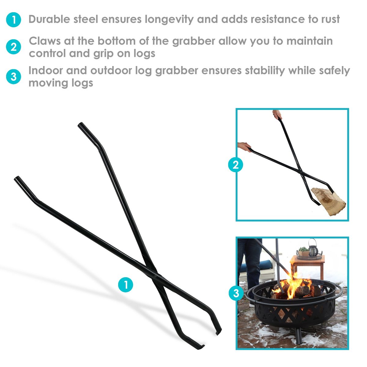 Sunnydaze Indoor/Outdoor Fireplace or Fire Pit Heavy-Duty Metal Firewood Log Grabber Tool - 40" - Black - thumbnail 3