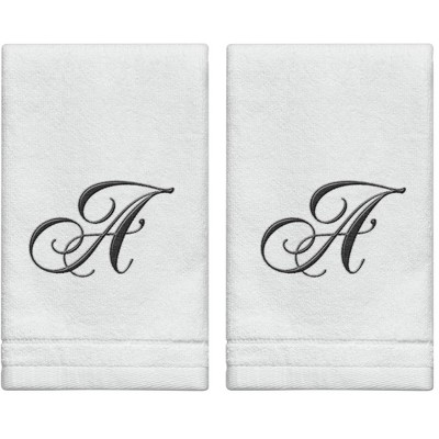 Creative Scents Set of 2 White Fingertip Monogrammed Towels, Black Embroidered