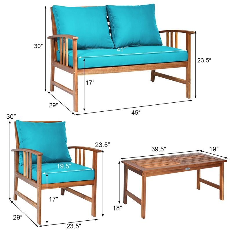 Costway 8PCS Wooden Patio Furniture Set Table Sofa Chair Cushioned Garden Turquoise, 3 of 11