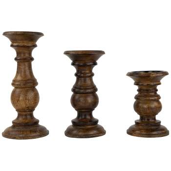 Northlight Set of 3 Walnut Brown Natural Wooden Pillar Candle Holders 10"