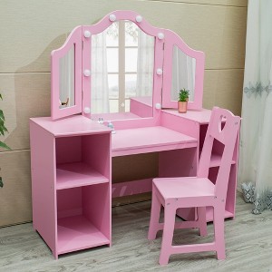 Kids Vanity with Lights, Makeup Desk Chair Set with Storage Shelves Cabinet, Toddler Dressing Table with Mirror, Pretend Play Vanity Set for Girls - 1 of 4