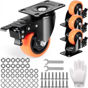 VEVOR Caster Wheels, 3-inch Swivel Plate Casters, Set of 4, with Security A/B Locking No Noise PVC Wheels, Heavy Duty 250 lbs Load Capacity,Orange - 1 of 4