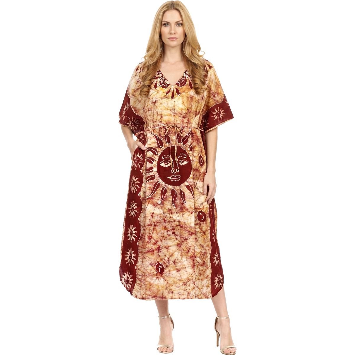 LA LEELA Summer Cotton Women Resortwear Maxi Caftan Holiday Vacation Cruise Pregnancy Wear Flowy Lounge Dress 2X-3X Red Sun