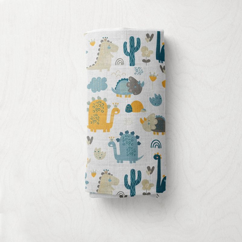 Little Dino Boys Teal/Yellow 2 pack Muslin Swaddling Blankets, 3 of 10