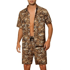 INSPIRE CHIC Men's Short Sleeves Hawaiian Animal Printed Outfit Set 2 Pieces - 1 of 4