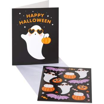 4pk Halloween Ghost and Pumpkin Greeting Cards and Stickers Bundle