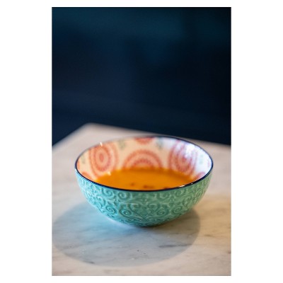 Turquoise and Red Ceramic 24 Ounce Soup and Dessert Bowls, Set of 4