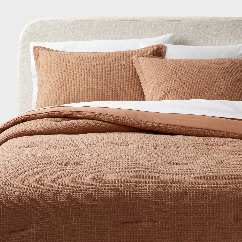 Photos - Bed Linen Full/Queen Washed Waffle Weave Comforter and Sham Set Camel - Threshold™