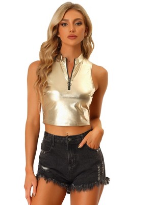 Allegra K Women's Metallic Mock Neck Zip-Up Shiny Holographic Crop Tank Top