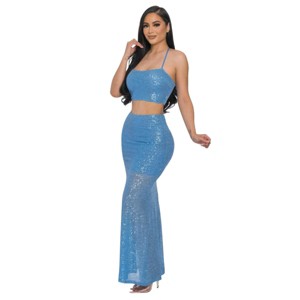 Slickblue Dazzling Sequin Back Baby Blue/Pink Maxi Dress – Cowl Neck, Mermaid Fit, and Glamorous X-Back Design, S-L - 1 of 4