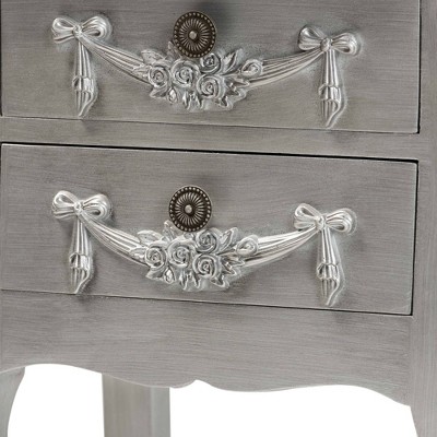 Eliya Silver Brushed Wood 2-Drawer Accent Table with Carved Details