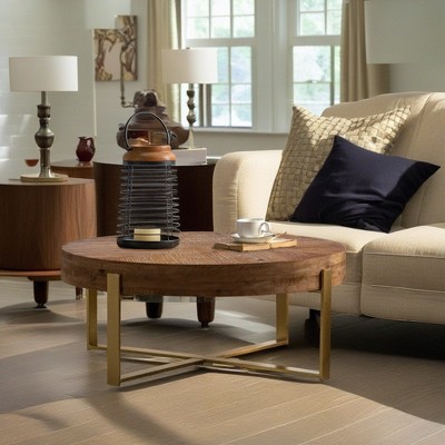 Lovmor 33.86"Modern Retro Splicing Round Coffee Table,Fir Wood Table Top with Gold Cross Legs Base