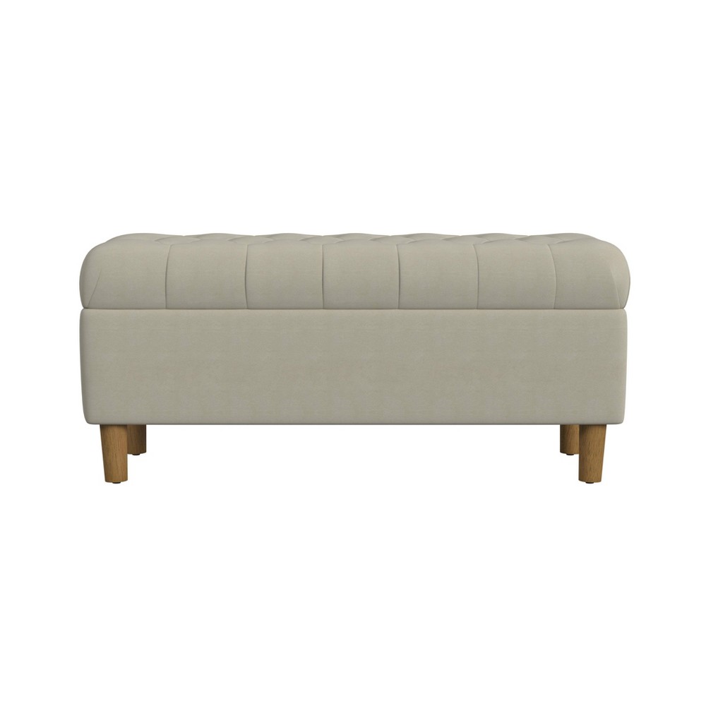 Button Tufted Storage Bench with Cone Wood Legs Velvet Fawn - HomePop: Hinged Lid, Honey Oak Finish