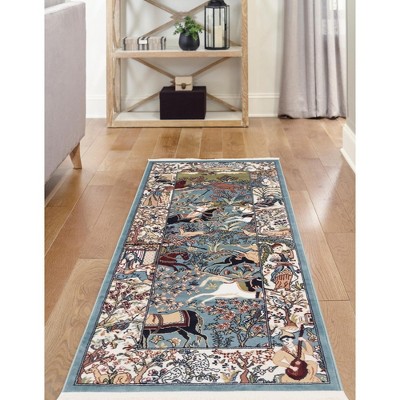 Blue and Tan Floral Synthetic Indoor Runner Rug