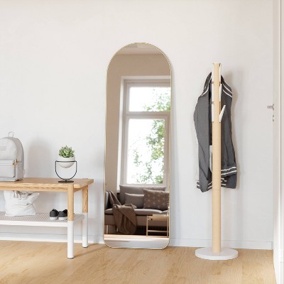 Elegant Arch Brass Leaning Floor Mirror with Sleek Metallic Rim