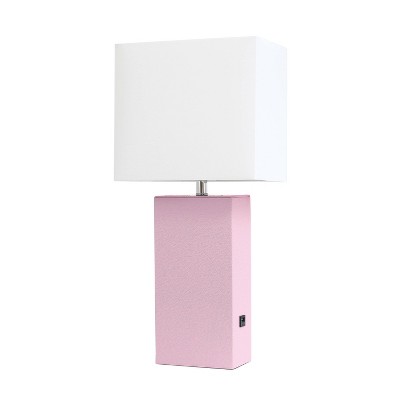 Modern Leather Table Lamp with USB and Fabric Shade Blush Pink - Elegant Designs