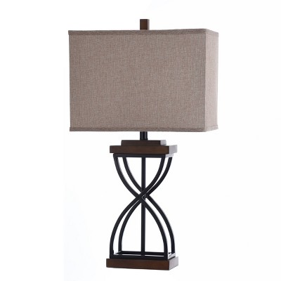 31" Black and Medium Wood Table Lamp with Beige Shade