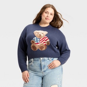Women's Teddy Bear Flag Graphic Sweater - Navy - 1 of 3