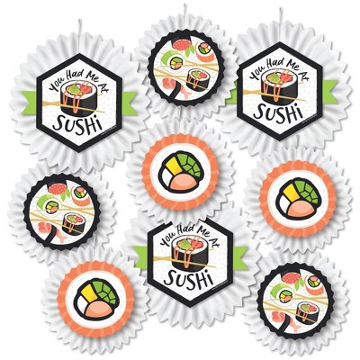 Big Dot of Happiness Let's Roll - Sushi - Hanging Japanese Party Tissue Decoration Kit - Paper Fans - Set of 9