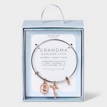Silver Plated Two-Tone "Grandma" Rose and Cubic Zirconia Bezel Bangle Bracelet - Rose Gold/Silver