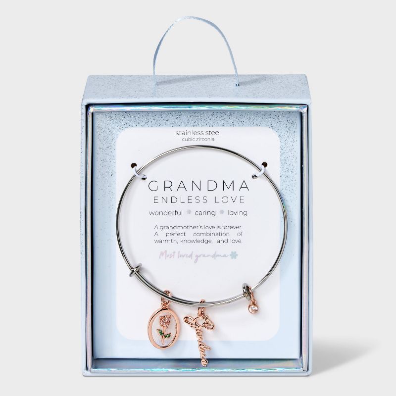 Silver Plated Two-Tone &#34;Grandma&#34; Rose and Cubic Zirconia Bezel Bangle Bracelet - Rose Gold/Silver, 1 of 4