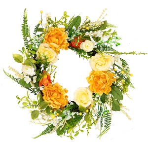 Northlight Hydrangea and Rose Artificial Floral Wreath - 24" - Yellow - 1 of 4