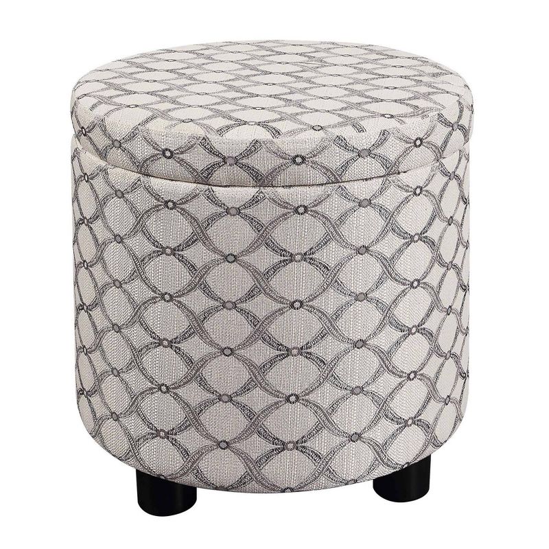 Breighton Home Designs4Comfort Round Accent Storage Ottoman with Reversible Tray Lid Ribbon Pattern Fabric, 1 of 7