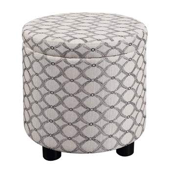 Breighton Home Designs4Comfort Round Accent Storage Ottoman with Reversible Tray Lid Ribbon Pattern Fabric
