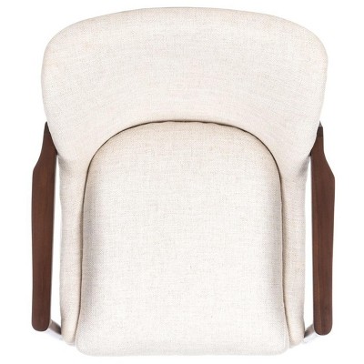 Scandinavian Cream Linen & Wood Transitional Accent Chair with Brass Tips