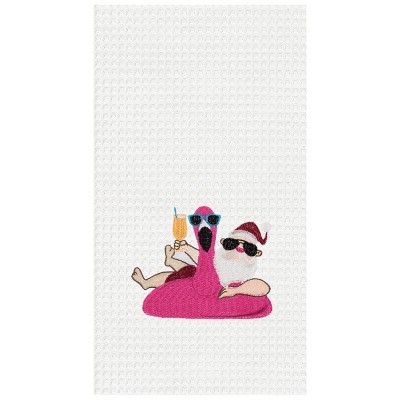 C&F Home Flamingo Floaty Santa Embroidered Cotton Waffle Weave Kitchen Towel