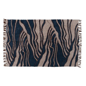 Storied Home Cotton Tufted Rug with Wave Design and Fringe, Beige and Navy - 1 of 3