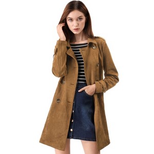 Allegra K Women's Notched Lapel Double Breasted Faux Suede Trench Coat with Belt - 1 of 4