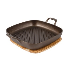 Bloomhouse Natural Bronze Finish 12-Inch Square Cast Iron Grill Pan & Olive Wood Trivet - 1 of 4
