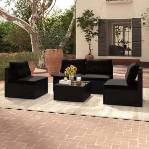 Costway 5 Piece Outdoor Furniture Set with Seat & Back Cushions Tempered Glass Tabletop Black/Blue - 1 of 4