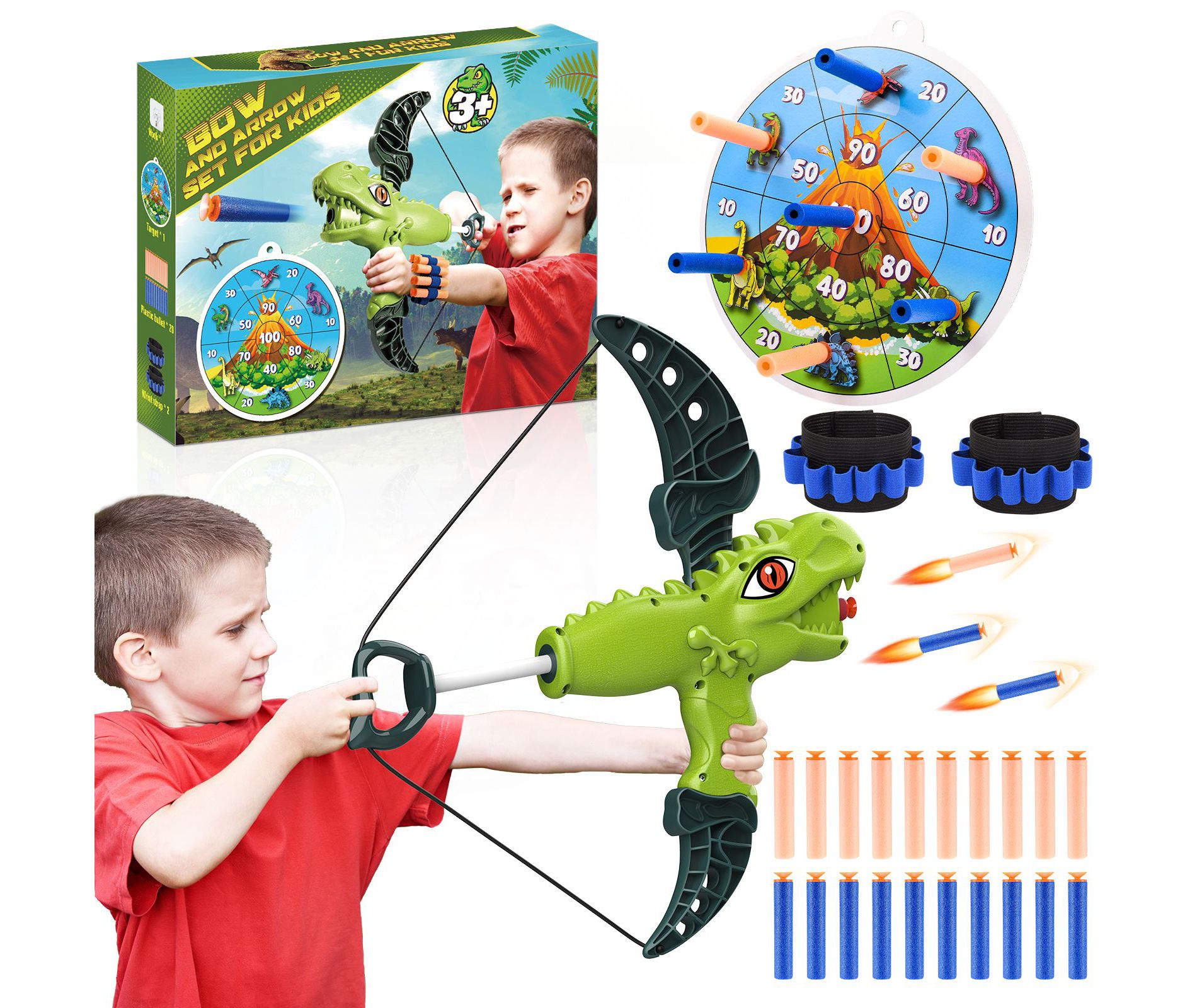 FUNFORFUN Bow and Arrow Set for Kids, Dinosaur Outdoor Toys Archery Set for 3-12 Year Old Kids Boys Girls, Gifts for Boys Ages 3 4 5 6 7 8 Year Old