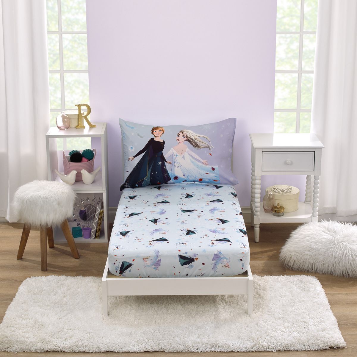 NoJo Disney Frozen Winter Cheer Lavender, Aqua and White Anna, Elsa and Olaf 2 Piece Toddler Sheet Set - Fitted Bottom Sheet and Reversible Pillowcase