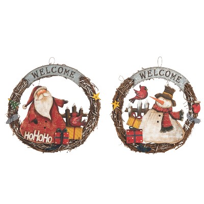 Transpac Plywood Santa & Snowman Wreath Decor Set of 2 Christmas Home Decorations