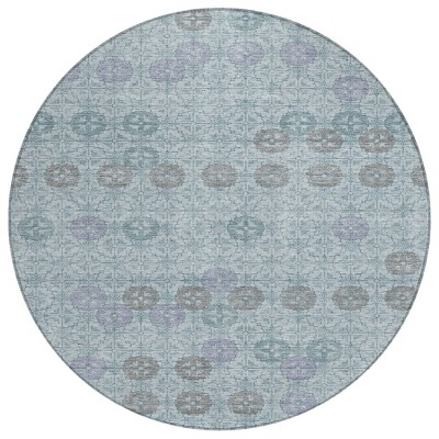HomeRoots 8' Teal Blue And Gray Round Geometric Washable Indoor Outdoor Area Rug